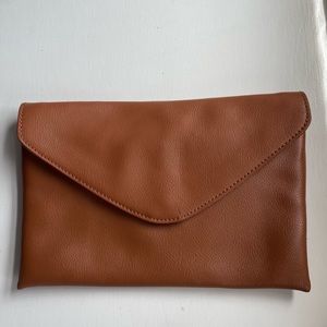 Brand New JCrew Brown Leather Clutch Includes Chain